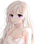  1girl bangs bare_shoulders breasts cleavage close-up collarbone eyebrows_visible_through_hair highres long_hair looking_at_viewer medium_breasts moon_so_00 original parted_lips purple_eyes simple_background sleeveless solo tagme upper_body white_background white_hair 