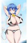  1girl arms_behind_head ass_visible_through_thighs bea_(bropmlk) blue_hair blush breasts covered_nipples cow_tail eyebrows_visible_through_hair highres horns huge_breasts jashin-chan_dropkick lactation lactation_through_clothes looking_at_viewer medium_hair red_eyes signature solo swimsuit swimwear tail 