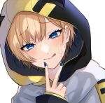  1girl apex_legends bangs blonde_hair blue_eyes blue_nails cosplay eyebrows_visible_through_hair hair_behind_ear highres hood hood_up lichtenberg_figure nail_polish scar scar_on_cheek scar_on_face scarf smile solo tmt.tem tongue tongue_out tsurime upper_body v wattson_(apex_legends) white_background white_scarf wraith_(apex_legends) wraith_(apex_legends)_(cosplay) 