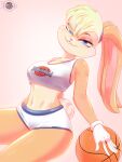  absurd_res anthro basketball blonde_hair blue_eyes clothed clothing crop_top female hair hi_res lagomorph leporid lola_bunny looking_at_viewer looney_tunes mammal rabbit shan3ng shirt simple_background solo space topwear warner_brothers 