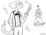  2021 amphibia_(series) amphibian angry annoyed anthro black_and_white bow_tie claw_(weapon) clothing crossed_arms disney dress duo eyebrows female lady_olivia medal monochrome newt orbtus384 raised_eyebrow salamander_(amphibian) shawl sparkles suspenders yunnan 