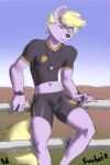  anthro bottomwear bulge canid canine canis clothing gym_bottomwear gym_clothing gym_shorts hi_res looking_at_viewer male mammal outside shorts solo sportswear sunhuiz whistle_(object) wolf 