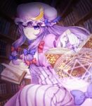  1girl bangs blurry blurry_background book bookshelf casting_spell commentary crescent_hat_ornament double_bun dress expressionless grimoire hat hexagram holding holding_book long_hair looking_at_viewer magic_circle mob_cap monoton_(neoteto) open_book open_clothes open_robe outstretched_arm pale_skin patchouli_knowledge purple_eyes purple_hair purple_headwear purple_robe robe sidelocks sitting solo striped striped_dress touhou very_long_hair 