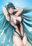  1girl absurdres arms_behind_head aya_(user_ddya7452) bangs blunt_bangs blush bracelet breasts cleavage cleopatra_(fate) collarbone earrings eyebrows_visible_through_hair fate/grand_order fate_(series) green_eyes green_hair hairband highres hoop_earrings jewelry large_breasts long_hair looking_at_viewer navel parted_lips revision smile solo very_long_hair 