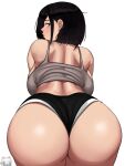 1girl absurdres ass ass_focus bare_shoulders bent_over black_hair blue_eyes breasts commentary highres huge_ass kevbot large_breasts looking_at_viewer looking_back mole mole_under_mouth original parted_lips short_hair short_shorts shorts simple_background solo 