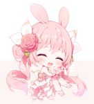  1girl :d ^_^ a20_(atsumaru) animal_ears bare_shoulders blush bouquet bunny_ears chibi closed_eyes copyright_request dress flower full_body hair_flower hair_ornament hair_ribbon long_hair official_art open_mouth pink_background pink_hair red_flower red_rose ribbon rose sample shoes smile solo twintails two-tone_background very_long_hair white_background white_dress white_flower white_footwear white_ribbon white_rose 