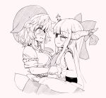  2girls blush bow from_side hair_bow hand_on_another&#039;s_chin horn_ornament horn_ribbon horns ibuki_suika kumamoto_(bbtonhk2) long_hair looking_at_another medium_hair monochrome multiple_girls okunoda_miyoi oni_horns open_mouth profile ribbon short_sleeves sleeveless smile sweat touhou upper_body whale_hat wrist_grab yuri 