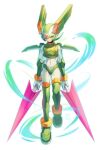  1boy android armor artist_name blurry bodysuit closed_mouth commentary dated depth_of_field dual_wielding full_body glint green_eyes green_headwear harpuia helmet highres holding holding_sword holding_weapon looking_at_viewer male_focus rockman rockman_zero serious simple_background solo standing sword twitter_username weapon white_background zero-go 