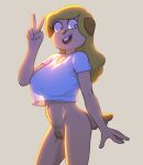  2021 5_fingers anthro big_breasts blonde_hair blue_eyes bottomless bovid breasts buckteeth caprine cartoon_network chi_chi&#039;s_mom clothed clothing drockdraw female fingers gesture goat hair horn huge_breasts long_hair mammal navel open_mouth open_smile pubes shirt simple_background smile solo standing t-shirt teeth the_amazing_world_of_gumball topwear v_sign 