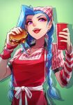 1girl apron bangs blue_hair braid collared_shirt cup detached_sleeves disposable_cup english_commentary fast_food food green_background hair_behind_ear hamburger holding holding_cup holding_food jinx_(league_of_legends) league_of_legends making-of_available md5_mismatch open_mouth purple_eyes red_apron shaded_face shadow shirt solo striped striped_shirt twin_braids vmat 