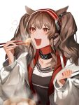  1girl angelina_(arknights) animal_ears arknights black_shirt blush bowl breasts brown_hair chopsticks coat collarbone commentary dumpling earpiece eating eyebrows_visible_through_hair eyelashes food fox_ears hair_between_eyes hairband heart highres holding holding_chopsticks infection_monitor_(arknights) jacket jiaozi long_hair medium_breasts odoroki_itakotoni_(kaiteki_nakusshon) open_clothes open_coat open_jacket open_mouth red_eyes red_jacket shirt simple_background smile solo sparkling_eyes steam twintails unzipped upper_body white_background white_coat 