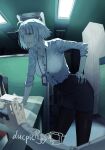  1boy 1girl black_legwear book breasts ceiling_light desk ducpic fate/grand_order fate_(series) hand_on_hip highres id_card jeanne_d&#039;arc_(alter)_(fate) jeanne_d&#039;arc_(fate)_(all) lanyard legs messy_hair miniskirt mouse_(computer) office office_lady pantyhose paper short_hair skirt sweatdrop white_hair yellow_eyes 