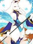  amber_eyes anthro asian_clothing big_breasts breasts canid canine clothing daji_(full_bokko_heroes) east_asian_clothing female fox full_bokko_heroes_x fullbokko_heroes fur hi_res japanese_clothing kemono mammal solo staff takeshi_kemo thick_thighs water white_body white_fur 