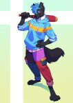  absurd_res anthro baseball_bat bat_(object) biped bottomwear canid canine clothed clothing digitigrade dreadlocks fully_clothed hi_res holding_object hoodie looking_at_viewer male mammal pants paws simple_background smile solo standing takiminada topwear 