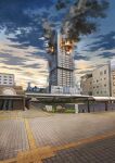  bridge building burning city cityscape cloud cloudy_sky commentary_request fire highres k_kanehira lamppost no_humans original outdoors pavement road scenery sign sky smoke stairs street window 