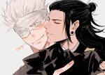  2boys absurdres bandages bandages_over_eyes black_hair black_jacket blush cheek_kiss closed_mouth ear_piercing eyes_visible_through_eyewear getou_suguru gojou_satoru hair_bun hair_pulled_back high_collar highres jacket jujutsu_kaisen kiss long_hair male_focus multiple_boys onomatopoeia parted_lips piercing short_hair simple_background smile upper_body white_background white_hair xxgojoxx yaoi 