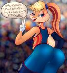  1ndigocat 2021 absurd_res anthro basket big_butt blonde_hair blue_eyes blush butt clothing female genitals gloves hair handwear hi_res lagomorph leporid little-nose lola_bunny looney_tunes mammal pussy rabbit rabbit_teeth rear_view smile solo space_jam:_a_new_legacy spandex_shorts sportswear tanned_skin text thick_thighs tight_clothing toony warner_brothers 