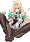  1girl absurdres bangs bare_shoulders black_legwear blonde_hair breasts chest_jewel dress earrings elbow_gloves feet full_body gloves highres jewelry jikatarou large_breasts legs long_hair mythra_(massive_melee)_(xenoblade) mythra_(xenoblade) panties pantyhose pantyshot short_dress sitting super_smash_bros. swept_bangs tiara underwear white_dress white_gloves xenoblade_chronicles_(series) xenoblade_chronicles_2 yellow_eyes 