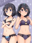  2girls absurdres adapted_costume antennae bangs bare_arms bare_shoulders black_bra black_eyes black_hair black_panties blue_eyes blush bra breasts collarbone commentary covering covering_breasts cowboy_shot frilled_bra frilled_panties frills greater_lophorina_(kemono_friends) grey_background hair_between_eyes head_wings highres kemono_friends lingerie looking_at_viewer medium_breasts multiple_girls navel open_mouth panties polka_dot polka_dot_background shiraha_maru short_hair simple_background stomach tail underwear underwear_only western_parotia_(kemono_friends) 