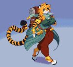  absurd_res anklet anthro backpack bell big_breasts biped bottomwear bracelet breasts clothed clothing felid female fully_clothed fur hair hi_res jewelry mammal pantherine pants paws scarf simple_background smile solo takiminada tiger walking 