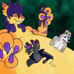  2016 absorption_vore ambiguous_gender anthro assimilation azzyfox black_nose blue_eyes canid canine canis claws clenched_teeth fur goo_creature grey_body grey_fur group hair hi_res male mammal orange_body pink_nose purple_claws purple_hair red_nose simple_background size_difference smile spiral_eyes teeth vore wolf 