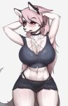  2021 absurd_res athletic big_breasts blush bottomwear breasts canid canid_demon cleavage clothed clothing demon female hands_behind_head hellhound helluva_boss hi_res loona_(vivzmind) mammal midriff navel nipple_outline oh_thicc raised_arms red_sclera shorts simple_background solo white_background 