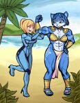  absurd_res anthro beach bodily_fluids canid canine clothing drooling duo female female/female flexing fox hi_res human jewelry krystal mammal metroid metroid_(series) muscular muscular_female nintendo saliva samus_aran seaside size_difference smile srtomgeek_(artist) star_fox suit tattoo tribal_clothing video_games 