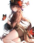  1girl ass bangs black_coat black_headwear black_shorts blush breasts brown_hair bug butterfly coat coattails flower genshin_impact grin hat hat_flower highres hu_tao index_finger_raised insect jewelry kneehighs long_hair long_sleeves looking_at_viewer minttchocok plum_blossoms red_eyes ring shorts small_breasts smile symbol-shaped_pupils thighs twintails very_long_hair 
