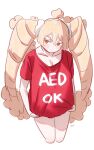  1girl ahoge blonde_hair blush breasts cleavage closed_mouth clothes_writing cropped_legs hair_between_eyes highres long_hair mofu_mofuko_(ryusei_hashida) naked_shirt orange_eyes original red_shirt ryusei_hashida shirt short_sleeves signature simple_background solo standing twintails very_long_hair white_background 