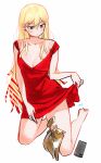  1girl bare_legs barefoot blonde_hair blush breasts cat cellphone cleavage closed_mouth contrapposto dress dress_lift highres kneeling large_breasts long_hair original phone red_dress ryusei_hashida simple_background smartphone solo white_background 