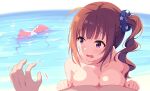  1boy 1girl ahoge bikini_top_removed blush breast_press breasts brown_hair drill_hair idolmaster idolmaster_million_live! kagami_(galgamesion) medium_breasts pov purple_eyes side_drill side_ponytail sidelocks solo_focus topless wardrobe_malfunction yokoyama_nao 