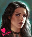  1girl absurdres black_hair choker eyebrows highres jess_(jess4400) lips lipstick long_hair looking_at_viewer makeup nose portrait purple_eyes realistic solo_focus the_witcher the_witcher_3 wavy_hair yennefer 