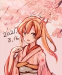  1girl abukuma_(kancolle) alternate_costume blonde_hair blue_eyes branch cherry_blossoms commentary_request dated double_bun hair_rings hand_on_own_chest japanese_clothes kantai_collection kimono long_hair looking_at_viewer pink_kimono solo twitter_username upper_body wss_(nicoseiga19993411) 
