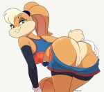  2021 anthro ball basketball_(ball) bottomwear clothing dangerking11 female fur genitals gloves handwear hi_res lagomorph leporid lidded_eyes lola_bunny looking_at_viewer looney_tunes mammal pussy rabbit shorts simple_background space_jam sport uniform warner_brothers white_background 