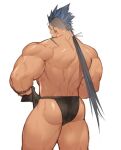  1boy ass ass_focus back bara black_male_underwear blue_eyes blue_hair facial_hair feet_out_of_frame goatee gomtang loincloth long_hair looking_back male_focus mature_male muscular muscular_male original ponytail shark_(gomtang) sideburns sidecut solo thick_eyebrows thick_thighs thighs underwear underwear_only 