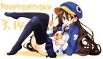  1girl blue_headwear blue_legwear blue_skirt brown_eyes brown_hair disgaea food full_body happy_birthday hat iwashi_dorobou_-r- jacket kazamatsuri_fuuka long_hair makai_senki_disgaea_4 navel no_shoes open_mouth pleated_skirt pocky sailor_collar skirt smile thighhighs track_jacket twintails very_long_hair 