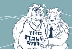  &lt;3 anthro belly belly_pinch blush canid canine canis clothing dog_operator domestic_dog duo eyewear goggles ha11nu hi_res hisaki_(live-a-hero) jewelry live-a-hero male male/male mammal necklace protagonist_(live-a-hero) shirt slightly_chubby tank_top topwear 