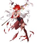  1girl bare_shoulders breasts broken broken_weapon bunny_tail capelet fire_emblem fire_emblem:_mystery_of_the_emblem fire_emblem_heroes full_body gloves hat high_heels highres holding leg_up leotard looking_away mayo_(becky2006) medium_breasts minerva_(fire_emblem) mini_hat official_art one_eye_closed open_mouth pantyhose petals polearm red_eyes red_hair shiny shiny_hair short_hair sleeveless smile solo tail torn_clothes torn_legwear transparent_background weapon white_footwear white_gloves 