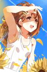  1girl :d arm_up bare_shoulders blue_sky brown_eyes brown_hair camisole collarbone flower hair_ornament hairclip hand_up hat highres hirasawa_yui k-on! kataru_(ubw-emiya) medium_hair open_mouth outdoors sky smile solo standing sunflower white_camisole 
