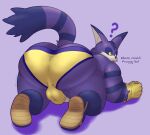  ? anthro balls big_balls big_butt big_the_cat bulge butt clothing domestic_cat english_text felid feline felis footwear fur genitals gloves handwear hi_res hunnipanda male mammal overweight purple_body purple_fur shoes solo sonic_the_hedgehog_(series) text underwear 