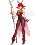  1girl bangs breasts bunny_tail capelet clenched_hand closed_mouth fire_emblem fire_emblem:_mystery_of_the_emblem fire_emblem_heroes flower full_body gloves hat high_heels highres holding leotard looking_at_viewer mayo_(becky2006) medium_breasts minerva_(fire_emblem) mini_hat official_art pantyhose polearm red_eyes red_hair see-through shiny shiny_hair short_hair sleeveless smile solo standing tail transparent_background weapon white_footwear white_gloves 