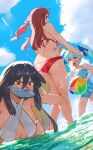  3girls ass bangs beach bikini black_hair blonde_hair blue_eyes blue_hair blush breasts cleavage day fish_in_mouth hair_behind_ear highres hoshikawa_lily large_breasts medium_breasts minamoto_sakura multicolored_hair multiple_girls ocean one-piece_swimsuit red_bikini red_eyes red_hair ryusei_hashida side_ponytail streaked_hair swimsuit twintails v-shaped_eyebrows white_bikini yamada_tae yellow_eyes zombie_land_saga 