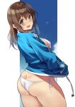  1girl :d amamiya_natsumi ass bangs bikini blush breasts brown_hair commentary duplicate eyebrows_visible_through_hair from_behind green_eyes hair_between_eyes hands_in_pockets highres jacket kekemotsu large_breasts long_hair long_sleeves looking_at_viewer looking_back open_mouth open_track_jacket original side-tie_bikini smile solo swimsuit swimsuit_under_clothes track_jacket white_bikini white_swimsuit 