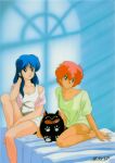  1980s_(style) 2girls barefoot blue_eyes blue_hair dirty_pair hand_to_head kei_(dirty_pair) knee_up logo long_hair mughi multiple_girls non-web_source off_shoulder official_art on_bed open_mouth red_eyes red_hair retro_artstyle short_hair short_sleeves sitting wariza yuri_(dirty_pair) 