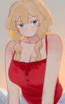  1girl blonde_hair blue_eyes breasts cleavage closed_mouth gradient gradient_background highres large_breasts looking_at_viewer original ryusei_hashida shirt short_hair_with_long_locks sidelocks signature solo spaghetti_strap wet wet_clothes wet_shirt 