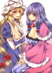  2girls bangs blonde_hair blue_bow blunt_bangs blush bow breasts commentary_request cookie_(touhou) cowboy_shot dress dual_persona elbow_gloves eyebrows_visible_through_hair frilled_dress frilled_sleeves frills gloves grin hair_between_eyes hair_bow hat hat_ribbon highres long_dress long_hair long_sleeves looking_at_viewer low-tied_long_hair meji_aniki mob_cap multi-tied_hair multiple_girls nipples open_mouth patchouli_knowledge pentagram puffy_short_sleeves puffy_sleeves purple_dress purple_eyes purple_hair red_bow red_ribbon ribbon sharp_teeth short_sleeves simple_background small_breasts smile striped striped_dress taisa_(cookie) teeth tongue touhou vertical-striped_dress vertical_stripes very_long_hair white_background white_gloves wide_sleeves yakumo_yukari 