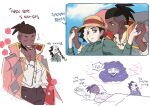  1girl 2boys black_hair braid braided_ponytail brown_hair brown_pants closed_eyes closed_mouth commentary_request dark_skin dark_skinned_male earrings hair_ribbon hand_up head_on_pillow highres holding_hands jewelry korean_commentary korean_text multicolored_hair multiple_boys opal_(pokemon) pants piers_(pokemon) pokemon pokemon_(game) pokemon_swsh raihan_(pokemon) ribbon shirt smile sparkle translation_request two-tone_hair under_covers undercut white_hair white_shirt zigzagdb 