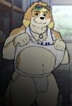  abs anthro blush bulge canid canine canis clothed clothing clothing_lift domestic_dog floppy_ears fur goujuyu hi_res hisaki_(live-a-hero) live-a-hero male mammal muscular muscular_male navel pecs shirt shirt_lift smug solo tank_top topwear yellow_body yellow_fur 