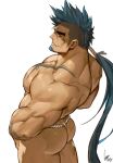  1boy ass back bara blue_eyes blue_hair chest_tattoo facial_hair from_above fundoshi goatee gomtang japanese_clothes large_pectorals leaning_back long_hair looking_at_viewer male_focus mature_male muscular muscular_male nipples original ponytail shark_(gomtang) sharp_teeth sideburns sidecut smile solo tattoo teeth thick_eyebrows thick_thighs thighs underwear underwear_only white_male_underwear 