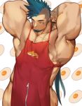  1boy apple apron arm_tattoo armpits bara bare_pecs blue_eyes blue_hair bulge chest_tattoo cowboy_shot facial_hair food fruit goatee gomtang long_hair male_focus mature_male muscular muscular_male naked_apron nipples original pectorals ponytail red_apple shark_(gomtang) sideburns sidecut sidepec solo tattoo thick_eyebrows thighs zipper 